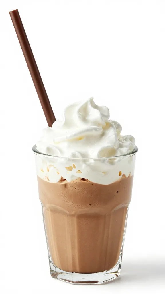 Closeup of a single frosted mini frappé mug with a straw on white background
