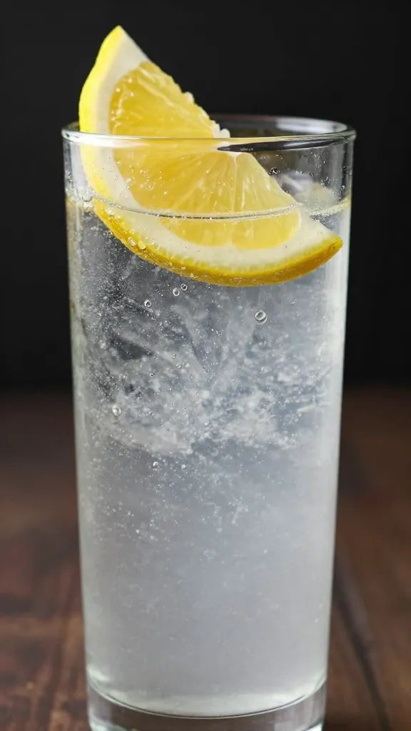 closeup of a single lemon wedge on a tall club soda poured glass