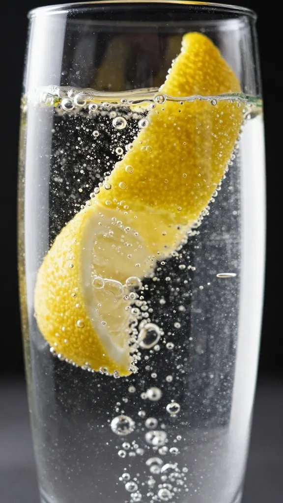 macro shot of bubbling club soda stream in a clear flute glass with lemon twist