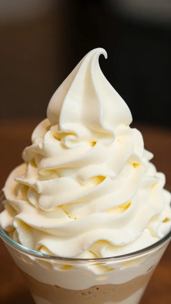 closeup of a single mascarpone cream topping swirl atop a parfait cup