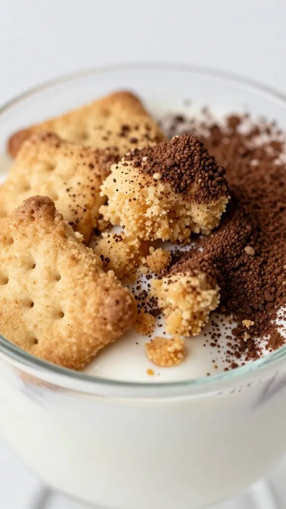 closeup of a single biscuit/cracker crumb base in a parfait cup with a hint of cocoa dusting