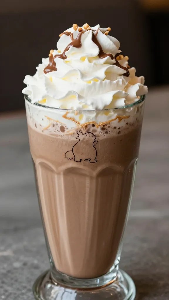 closeup of chocolate peanut butter milkshake glass with whipped cream