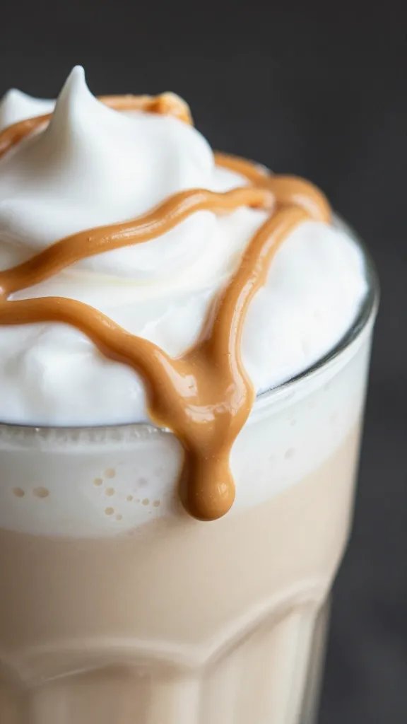 side-angle closeup of peanut butter drizzle on milkshake surface