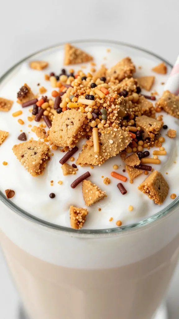 closeup of crushed cookie topping sprinkled atop the milkshake