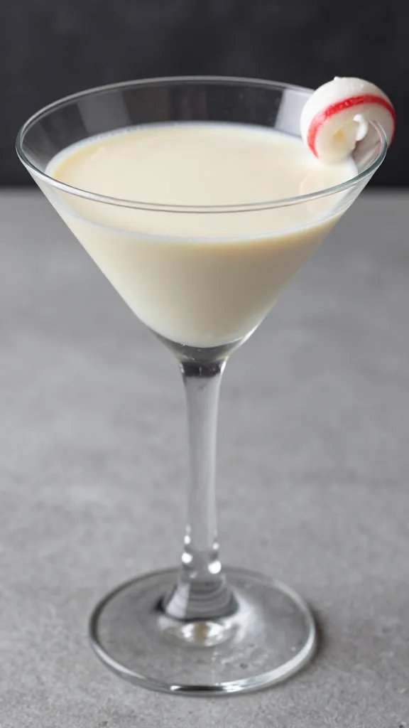 Closeup of a single white chocolate peppermint martini glass