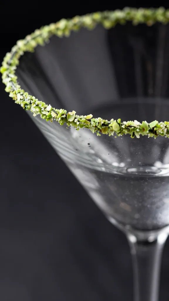 Extreme closeup of peppermint crushed rim on martini glass