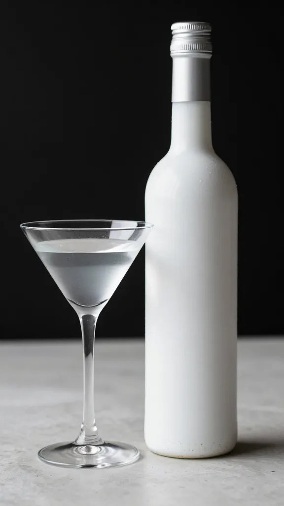 Focused shot of white chocolate liqueur bottle beside martini glass