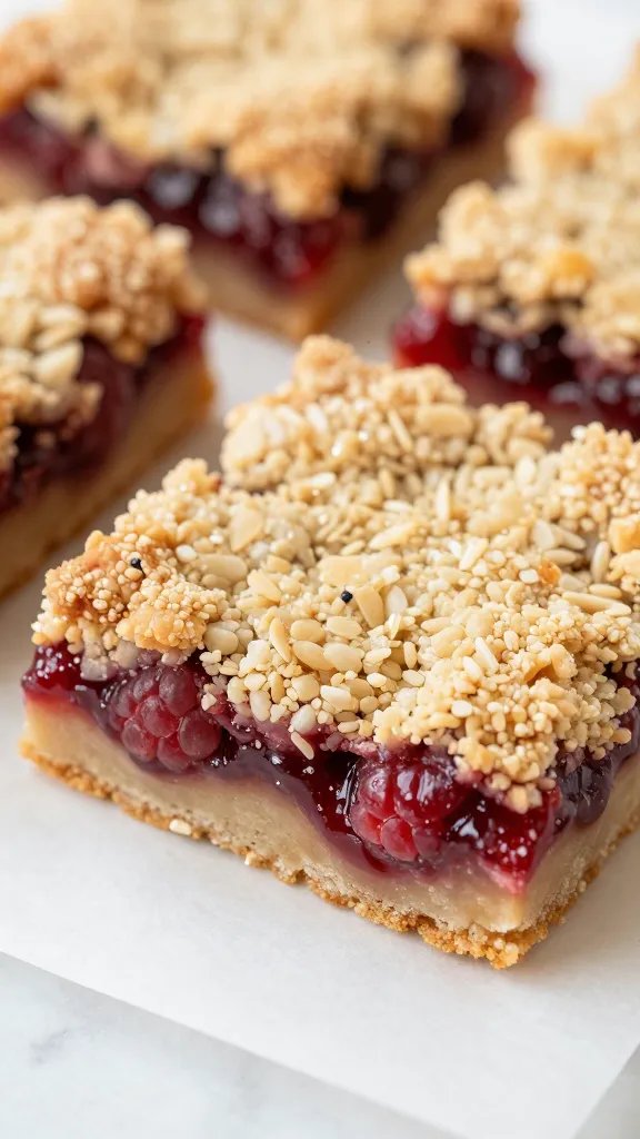 closeup of raspberry crumble bar on parchment paper, focus on jammy center