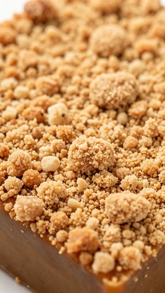 closeup of crumble topping detail on bar, caramel-brown sugar edges