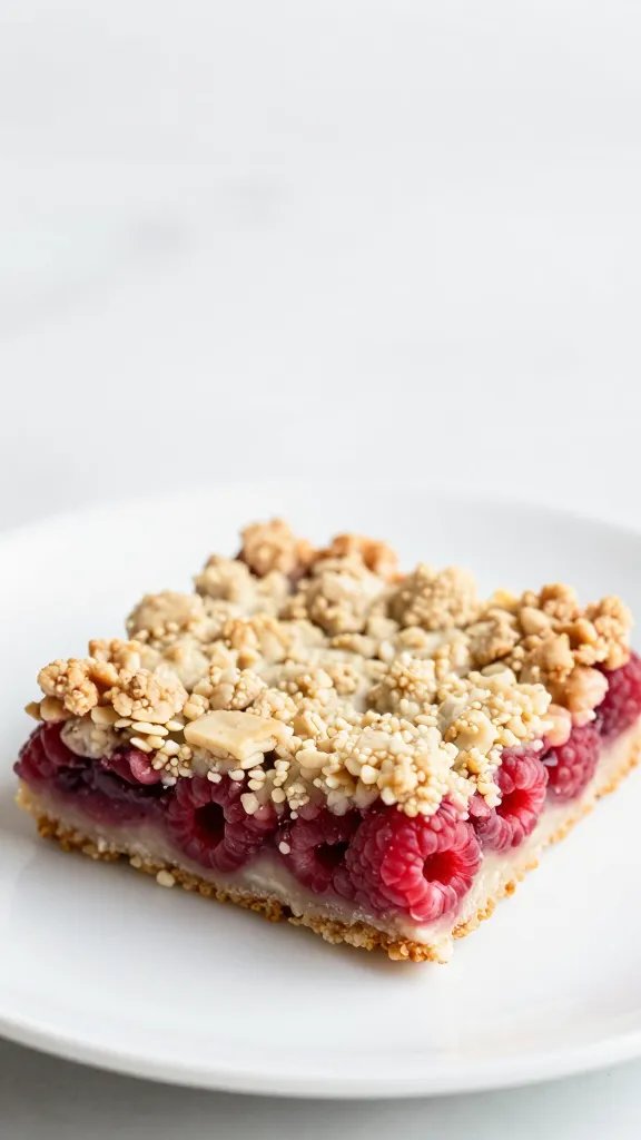 single raspberry crumble bar slice on white plate, soft light, shallow depth of field