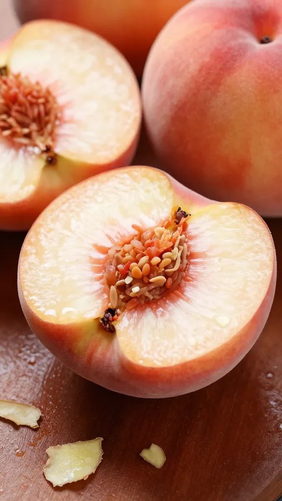 closeup peach halves with ginger shards on jam-finished surface