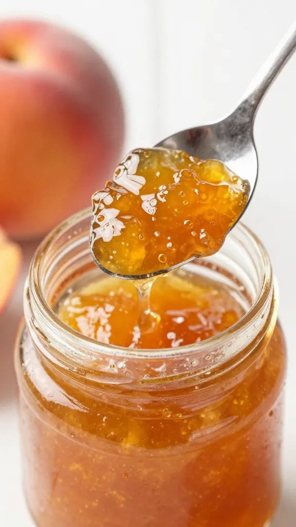 single spoon dipping into glossy peach-ginger jam jar
