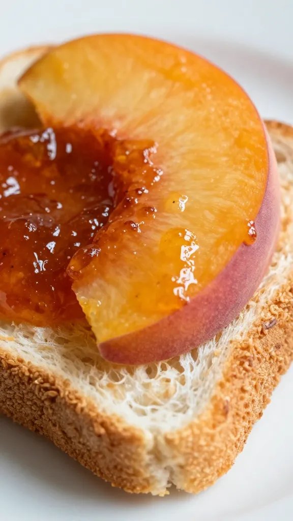 peach slice on toast drizzle of warm jam, macro shot