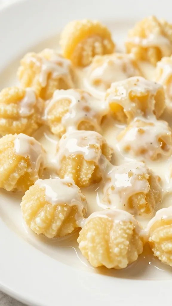 Closeup of pumpkin ricotta gnocchi on white plate, creamy sauce sheen