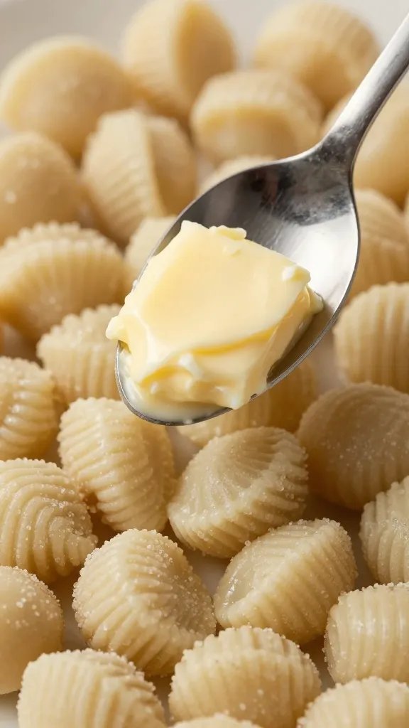 Closeup of sage-browned butter being spooned over gnocchi