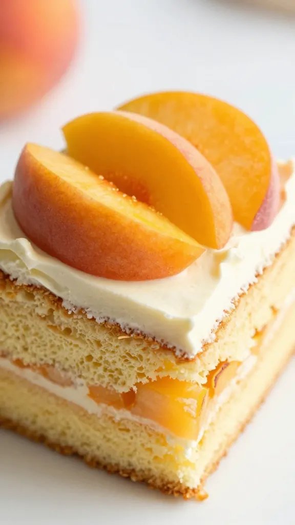 closeup of a peach almond cake slice with peach halves on top