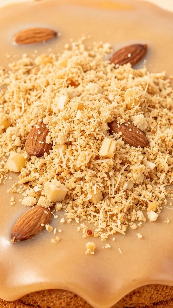 closeup of almond meal texture on cake surface with peach glaze