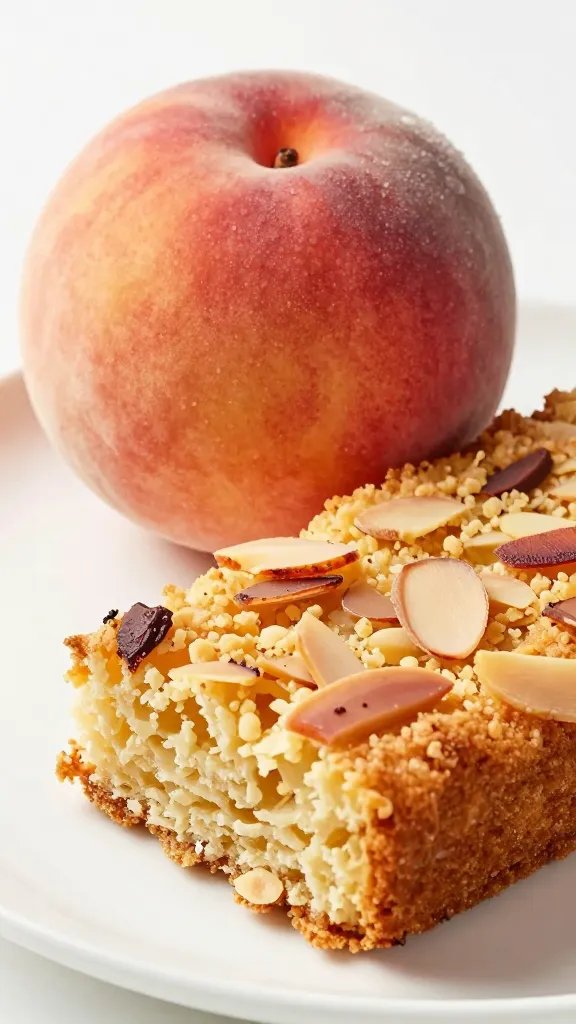 closeup of single peach beside a crumbly almond cake slice on white plate