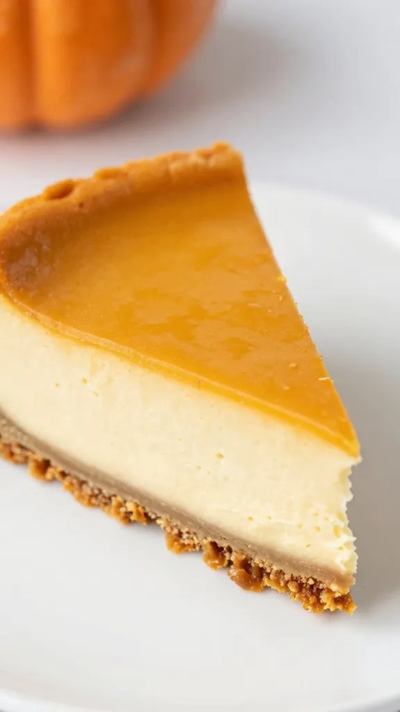 Closeup of pumpkin cheesecake slice on a white plate