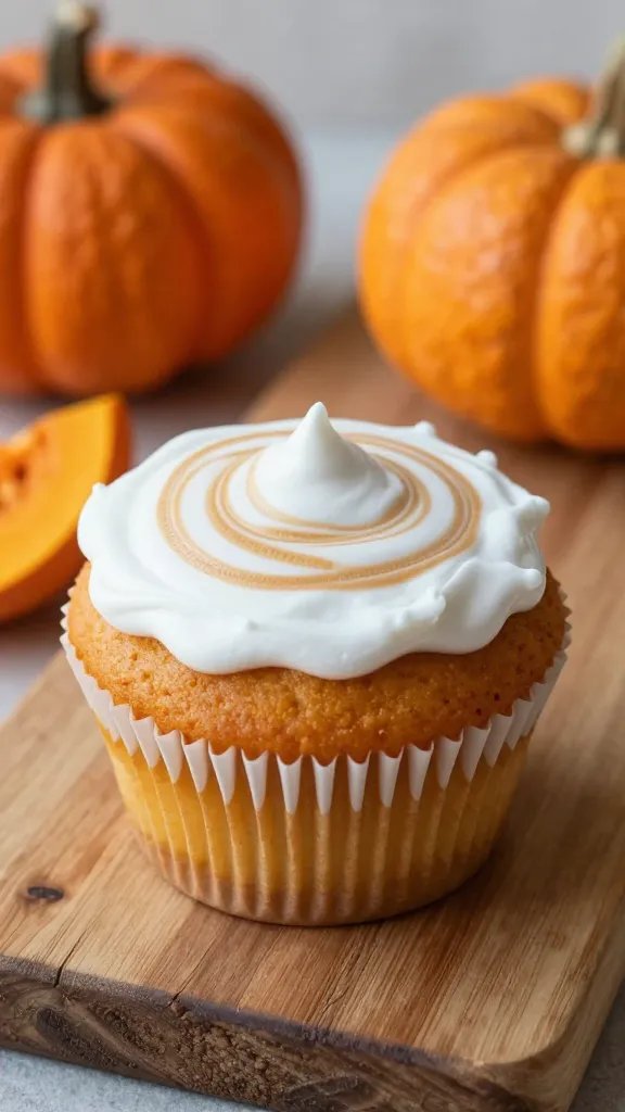 Closeup of chai pumpkin latte cupcake on rustic wood board