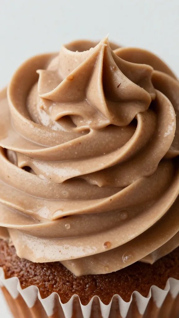 Closeup of espresso-glaze frosting swirl on cupcake top