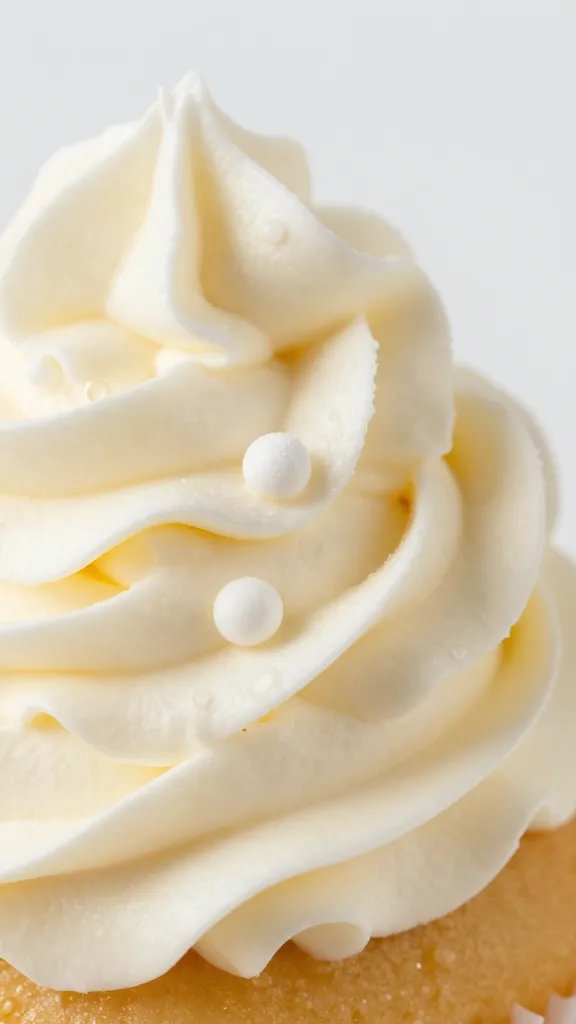 Closeup of whipped cream-foggy frosting bead on cupcake edge