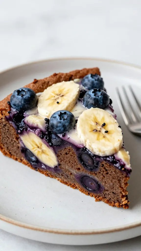 Closeup of banana blueberry coffee cake slice on a rustic plate