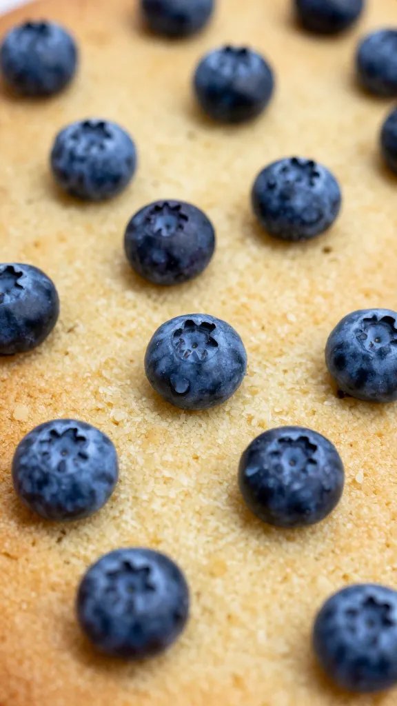 Closeup of blueberries scattered over warm cake crumb texture
