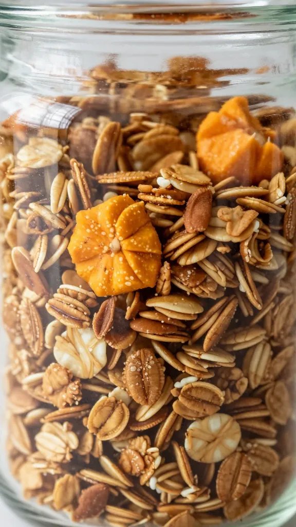 closeup of pumpkin spice granola clusters in glass jar