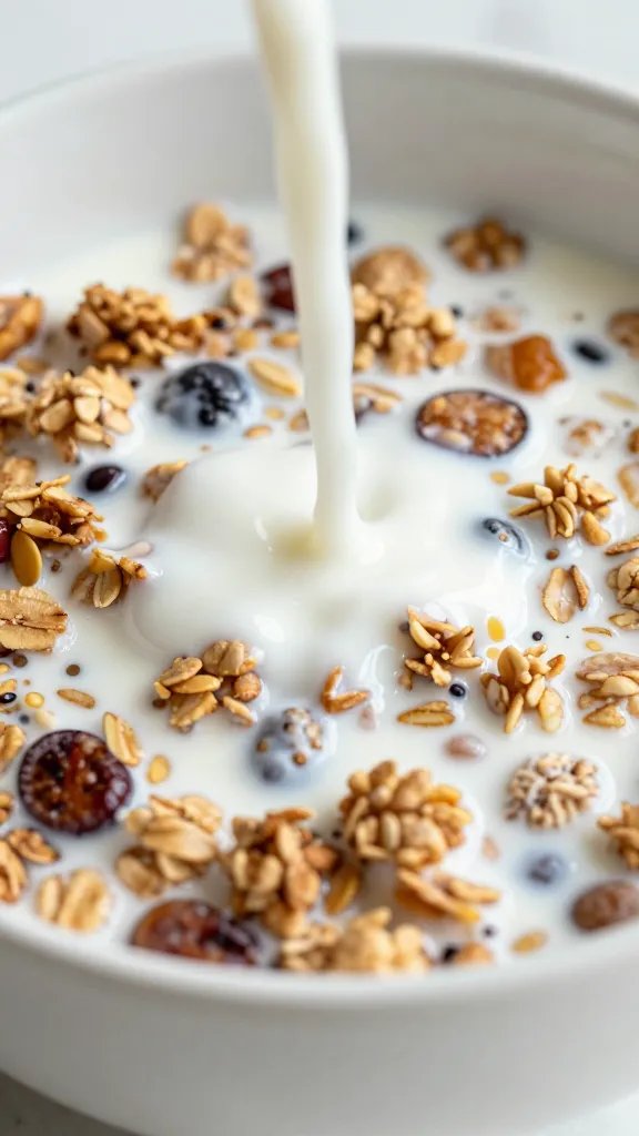 single bowl of granola with milk drizzle closeup