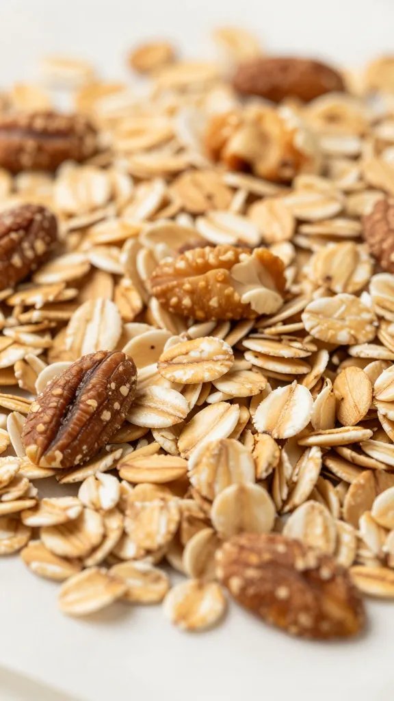 closeup of toasted oats and nuts on parchment sheet