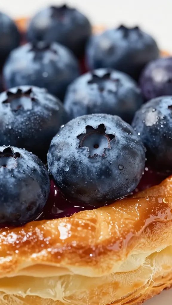 closeup: blueberries glistening in crispy Dutch baby edge