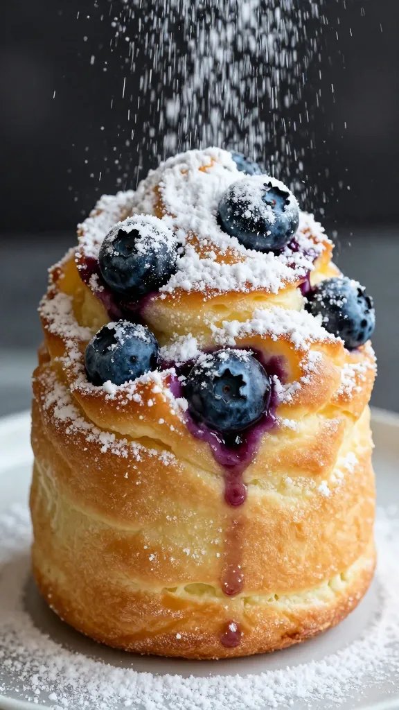 macro: powdered sugar dusting on tall lemon-blueberry Dutch baby