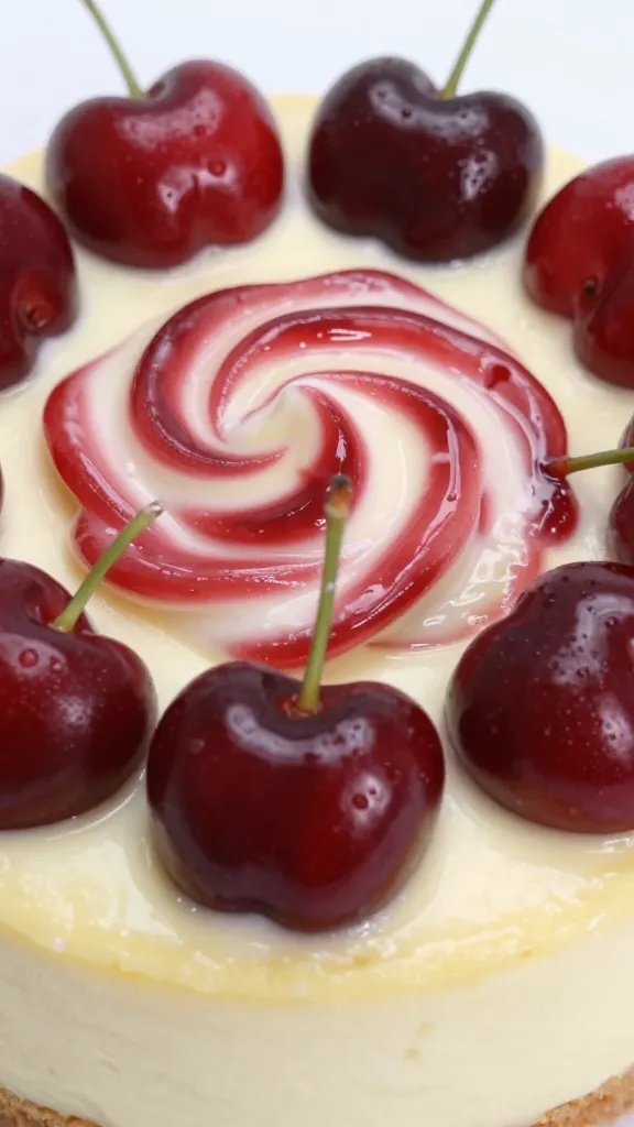 closeup of rich cherry swirl atop silky cheesecake filling, no background clutter