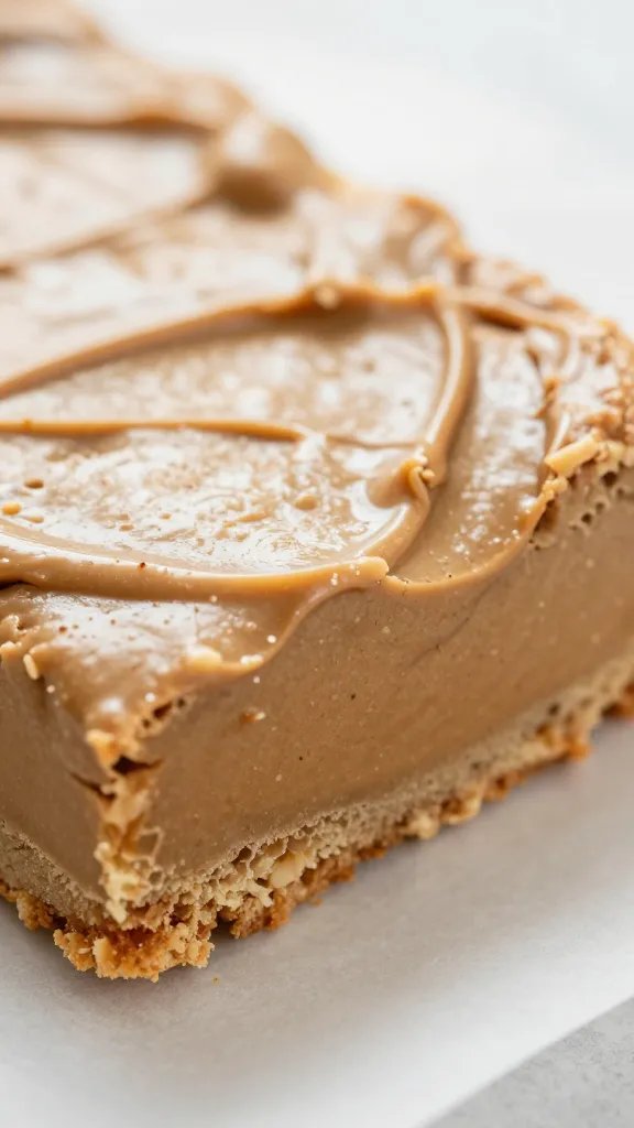 closeup of peanut butter cookie dough bar slice on parchment