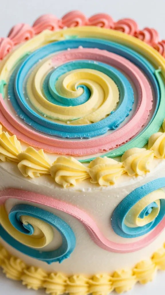 closeup of mystical gender cake’s frosting with colorful spirals