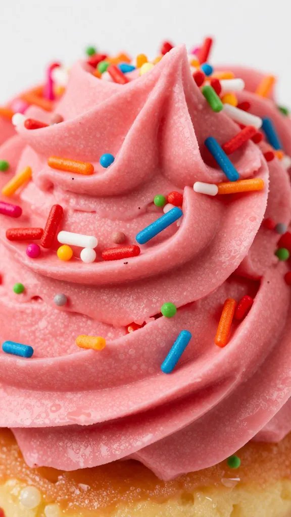 macro shot of vibrant cake frosting texture and sprinkles