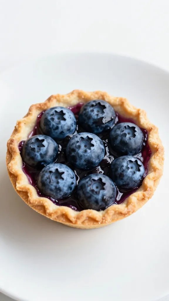 closeup of a single mini blueberry pie on a white plate