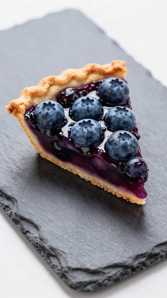 closeup of a single tiny blueberry pie wedge on slate board