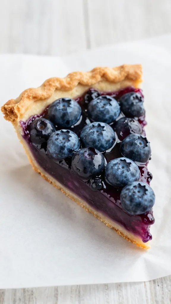 closeup of a single mini blueberry pie slice resting on parchment