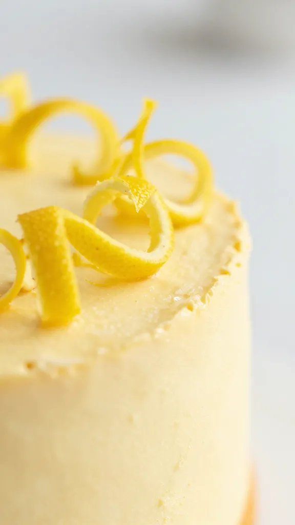 macro shot of lemon zest curls atop cake edge, focus on texture