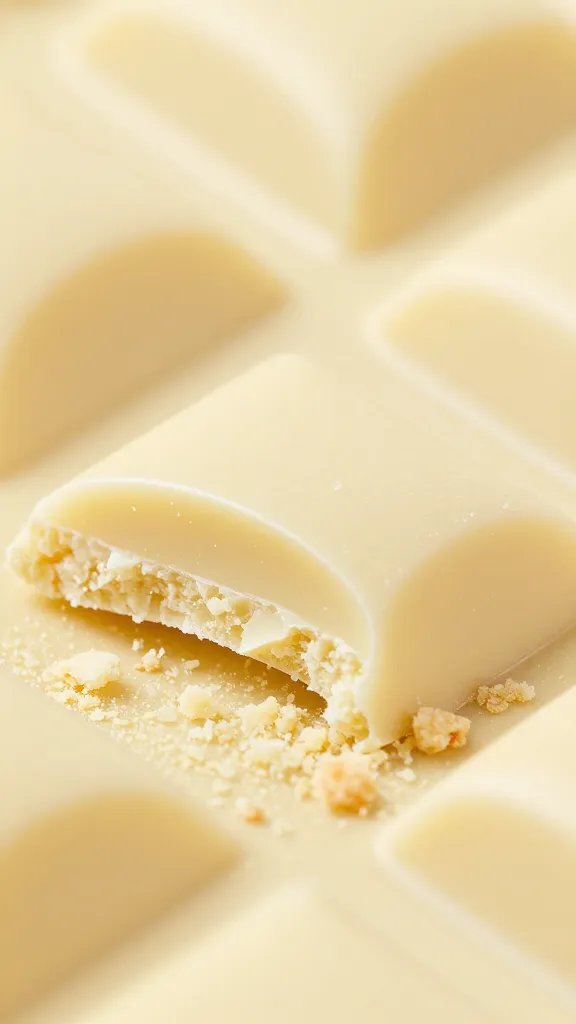 closeup of glossy white chocolate shard on pale yellow cake crumb