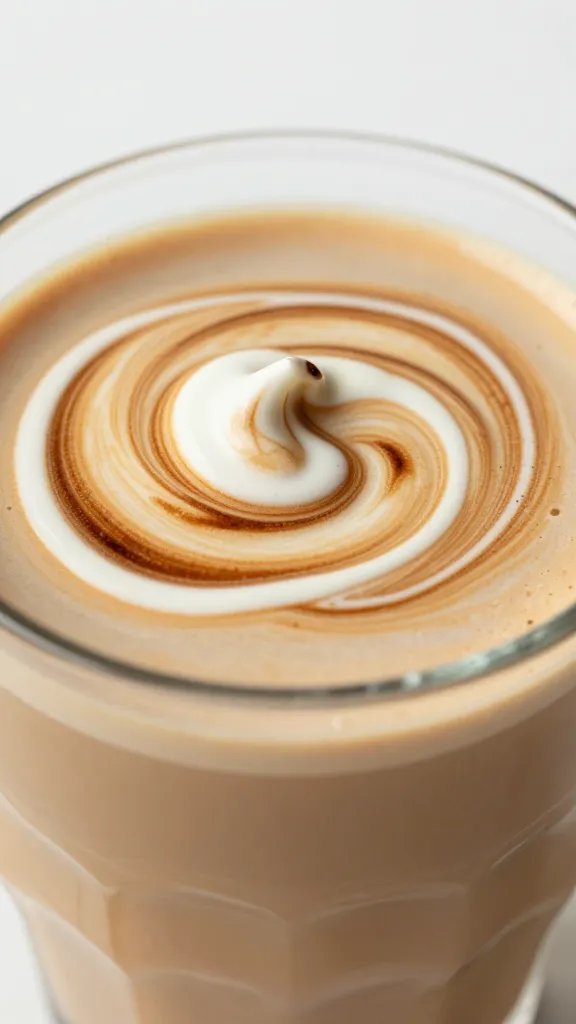 Closeup cinnamon swirl cold brew glass with cream drizzle