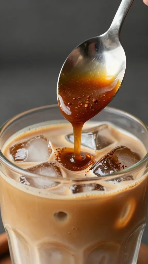 Closeup spoon swirling cinnamon into cold brew mug