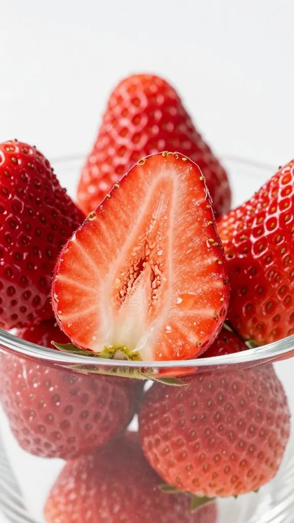 Closeup of fresh strawberry halved on rim of glass