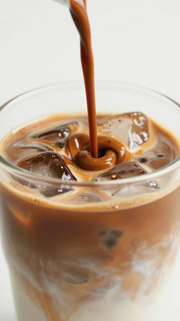 Closeup of poured espresso swirl into iced latte glass