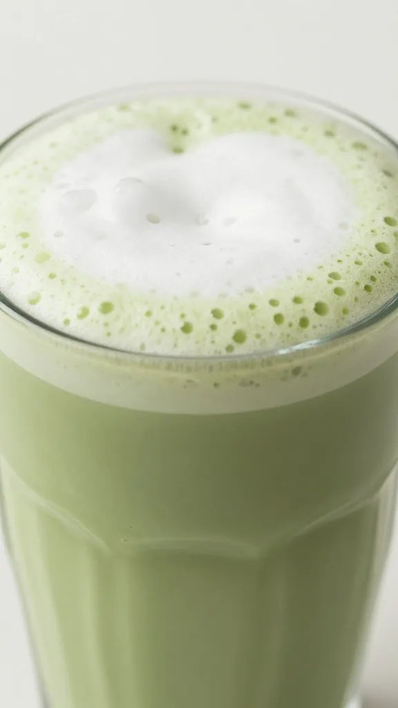 Closeup of a single iced matcha oat milk latte glass with frothy top