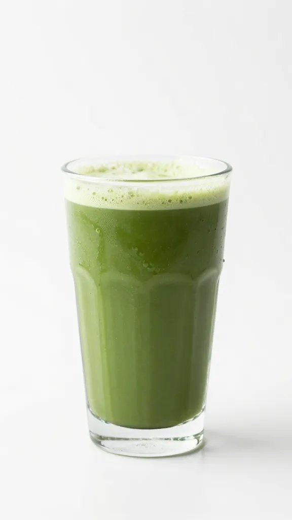 Single glass of vibrant green matcha latte on white backdrop