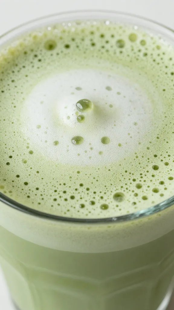 Closeup of oat milk foam texture on a glass of matcha latte