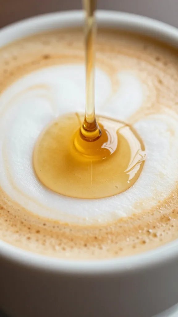 macro shot of maple syrup drizzle on latte surface